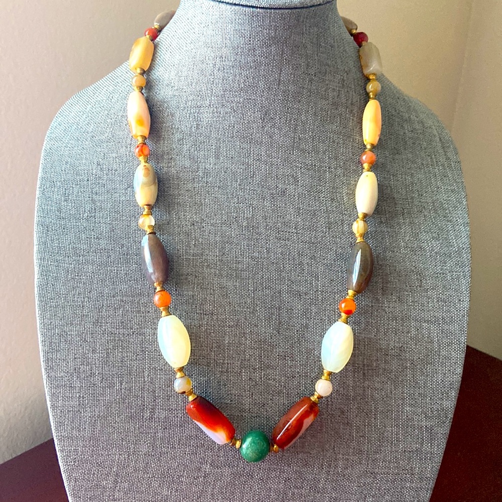Vintage Artisan Multi-Color Agate Gemstones STONE Statement Necklace